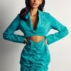 Ruched Cut Out Long Sleeve Blazer Shirt Dress -Dress Sales Store aqua ruched cut out long sleeve blazer shirt dress