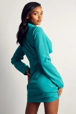 Ruched Cut Out Long Sleeve Blazer Shirt Dress -Dress Sales Store aqua ruched cut out long sleeve blazer shirt dress 2