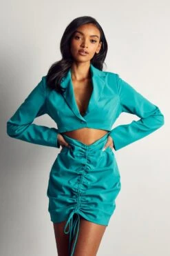 Ruched Cut Out Long Sleeve Blazer Shirt Dress