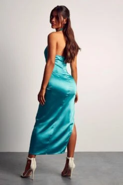 Satin Twist Neck Backless Midaxi Dress -Dress Sales Store aqua satin twist neck backless midaxi dress 2