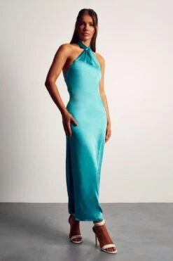Satin Twist Neck Backless Midaxi Dress -Dress Sales Store aqua satin twist neck backless midaxi dress 3