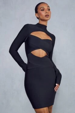 Bandage Cross Front Mini Dress -Dress Sales Store black bandage cross front mini dress 3