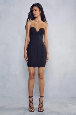 Bandage Seam Detail Curved Neck Mini Dress -Dress Sales Store black bandage seam detail curved neck mini dress 3