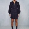 Belted Cord Puff Sleeve Shirt Dress -Dress Sales Store black belted cord puff sleeve shirt dress