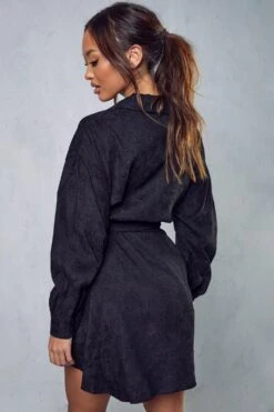 Belted Cord Puff Sleeve Shirt Dress -Dress Sales Store black belted cord puff sleeve shirt dress 2