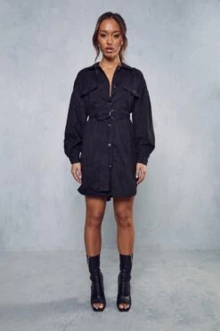 Belted Cord Puff Sleeve Shirt Dress