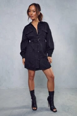 Belted Cord Puff Sleeve Shirt Dress -Dress Sales Store black belted cord puff sleeve shirt dress 3
