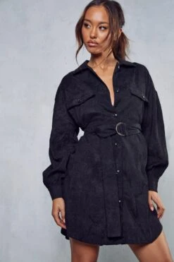 Belted Cord Puff Sleeve Shirt Dress -Dress Sales Store black belted cord puff sleeve shirt dress 4