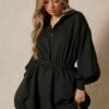 Button Up Extreme Puff Sleeve Mini Dress -Dress Sales Store black button up extreme puff sleeve mini dress