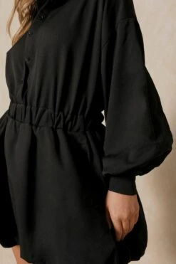 Button Up Extreme Puff Sleeve Mini Dress -Dress Sales Store black button up extreme puff sleeve mini dress 3