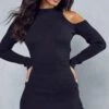 Cold Shoulder Mini Jumper Dress -Dress Sales Store black cold shoulder mini jumper dress