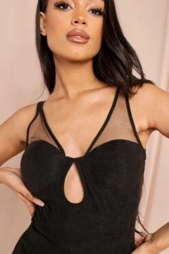 Cord U Bar Mesh Detail Bodycon Dress -Dress Sales Store black cord u bar mesh detail bodycon dress 2