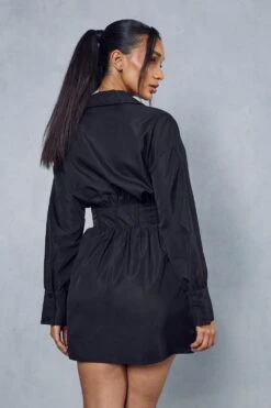 Corset Insert Plunge Shirt Dress -Dress Sales Store black corset insert plunge shirt dress 2