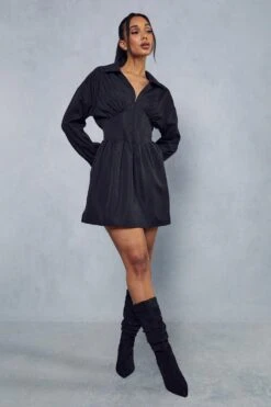 Corset Insert Plunge Shirt Dress -Dress Sales Store black corset insert plunge shirt dress 3