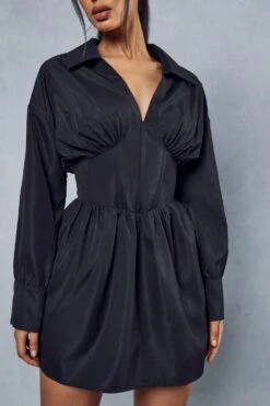 Corset Insert Plunge Shirt Dress -Dress Sales Store black corset insert plunge shirt dress 4