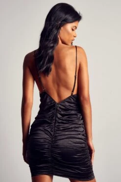 Crinkle Satin Ruched Cross Strap Mini Dress -Dress Sales Store black crinkle satin ruched cross strap mini dress 1 2