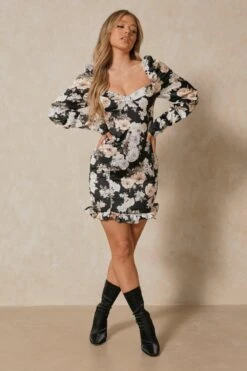 Cup Detail Frill Hem Floral Dress