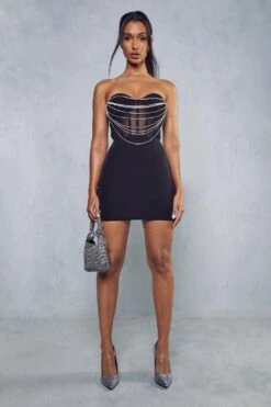 Diamante Drape Corset Bandeau Mini Dress -Dress Sales Store black diamante drape corset bandeau mini dress 3