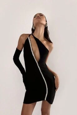 Diamante Trim Asymmetric Neck Mini Dress