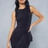 Double Layer Slinky Frill Draped Racer Neck Mini Dress -Dress Sales Store black double layer slinky frill draped racer neck mini dress