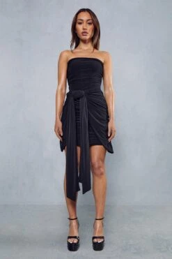 Double Layer Slinky Ruched Extreme Wrap Bandeau Mini Dress -Dress Sales Store black double layer slinky ruched extreme wrap bandeau mini dress 3