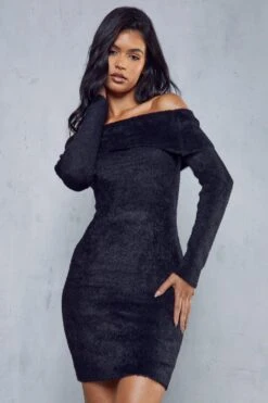 Eyelash Knit Bardot Mini Dress