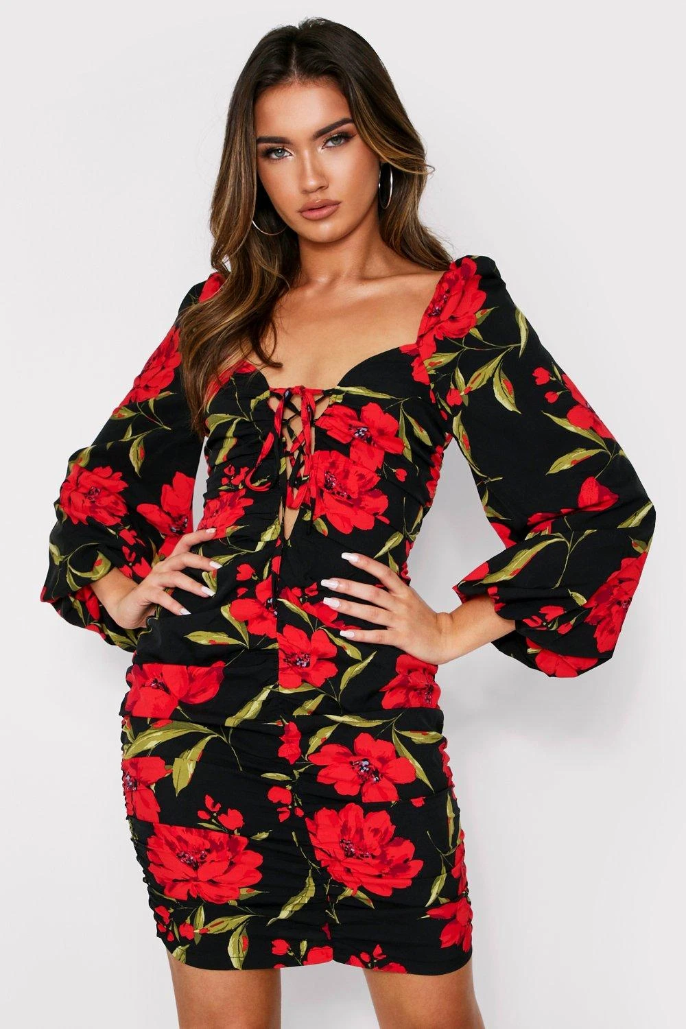Floral Ruched Fruit Balloon Sleeve Dress 4 Floral Ruched Fruit Balloon Sleeve Dress - Image 2