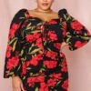 Floral Ruched Fruit Balloon Sleeve Dress -Dress Sales Store black floral ruched fruit balloon sleeve dress