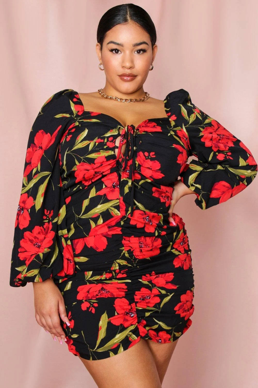 Floral Ruched Fruit Balloon Sleeve Dress 3 Floral Ruched Fruit Balloon Sleeve Dress