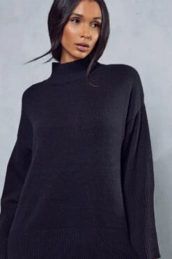 Flute Sleeve Knitted Mini Dress -Dress Sales Store black flute sleeve knitted mini dress 1