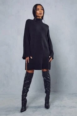 Flute Sleeve Knitted Mini Dress -Dress Sales Store black flute sleeve knitted mini dress 3