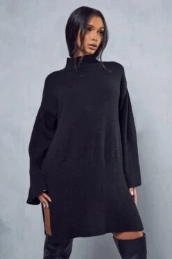 Flute Sleeve Knitted Mini Dress -Dress Sales Store black flute sleeve knitted mini dress 4