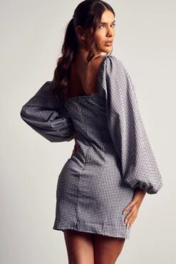 Gingham Tie Front Puff Sleeve Mini Dress -Dress Sales Store black gingham tie front puff sleeve mini dress 2