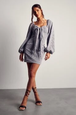 Gingham Tie Front Puff Sleeve Mini Dress -Dress Sales Store black gingham tie front puff sleeve mini dress 3