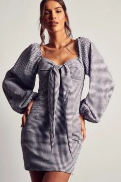 Gingham Tie Front Puff Sleeve Mini Dress -Dress Sales Store black gingham tie front puff sleeve mini dress 4