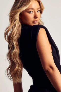 High Neck Knitted Shoulder Pad Mini Dress -Dress Sales Store black high neck knitted shoulder pad mini dress 1