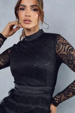 High Neck Lace Fringe Dress -Dress Sales Store black high neck lace fringe dress 1