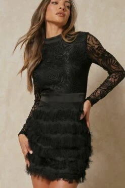 High Neck Lace Fringe Dress -Dress Sales Store black high neck lace fringe dress 4