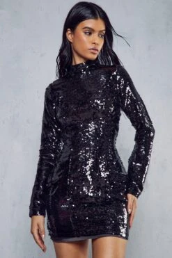 High Shine Sequin Dress -Dress Sales Store black high shine sequin dress 1