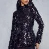 High Shine Sequin Dress -Dress Sales Store black high shine sequin dress