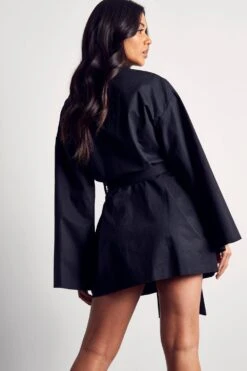 Kimono Sleeve Oversized Belted Shirt Dress -Dress Sales Store black kimono sleeve oversized belted shirt dress 2
