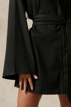Kimono Sleeve Oversized Belted Shirt Dress -Dress Sales Store black kimono sleeve oversized belted shirt dress 5