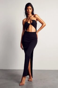 Knitted Keyhole Cut Out Maxi Dress -Dress Sales Store black knitted keyhole cut out maxi dress 3