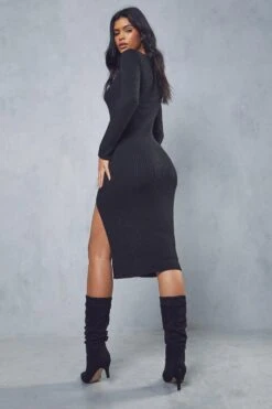 Knitted Split Leg Midi Dress -Dress Sales Store black knitted split leg midi dress 2