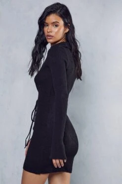 Lace Up Detail Rib Knit Mini Dress -Dress Sales Store black lace up detail rib knit mini dress 2