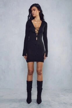 Lace Up Detail Rib Knit Mini Dress -Dress Sales Store black lace up detail rib knit mini dress 3