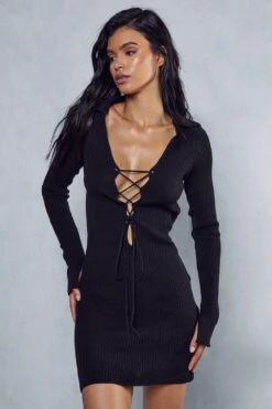 Lace Up Detail Rib Knit Mini Dress -Dress Sales Store black lace up detail rib knit mini dress 4