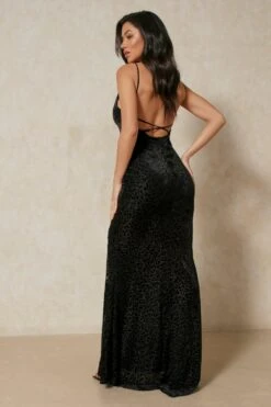 Leopard Velvet Devore Maxi Split Front Dress -Dress Sales Store black leopard velvet devore maxi split front dress 2