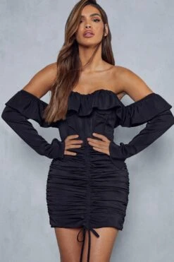 Lexi Wood Premium Satin Corseted Ruched Skirt Frill Mini Dress