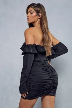 Lexi Wood Premium Satin Corseted Ruched Skirt Frill Mini Dress -Dress Sales Store black lexi wood premium satin corseted ruched skirt frill mini dress 3